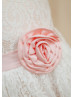 Cap Sleeves Ivory Lace Pink Lining Flower Girl Dress With Flower Sash